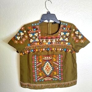 Sfera beaded embroidered boxy crew neck top sz S